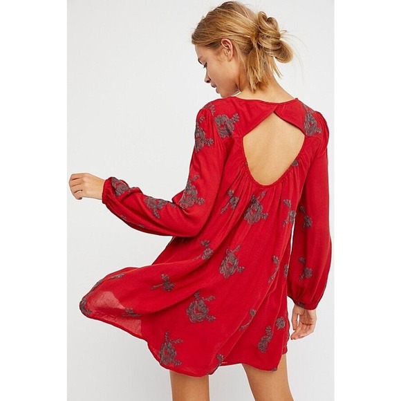 Free People Dress Women XS Red Austin Mini Embroidered Boho Lining Pullover - Picture 2 of 13